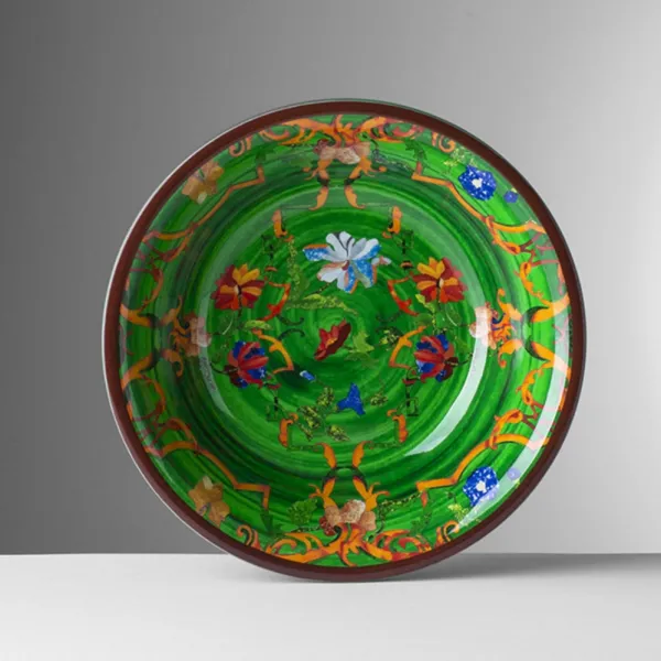 Set of 6 patterned 19cm deep melamine plates in green Pancale by Mario Luca Giusti