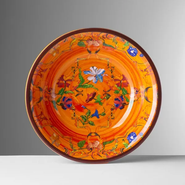 Set of 6 patterned 19cm deep melamine plates in orange by Pancale, available at Mario Luca Giusti