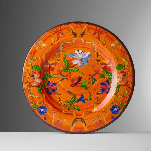 Set of 6 23cm ‘Fantasia’ fruit-patterned melamine dinner plates in orange by Mario Luca Giusti