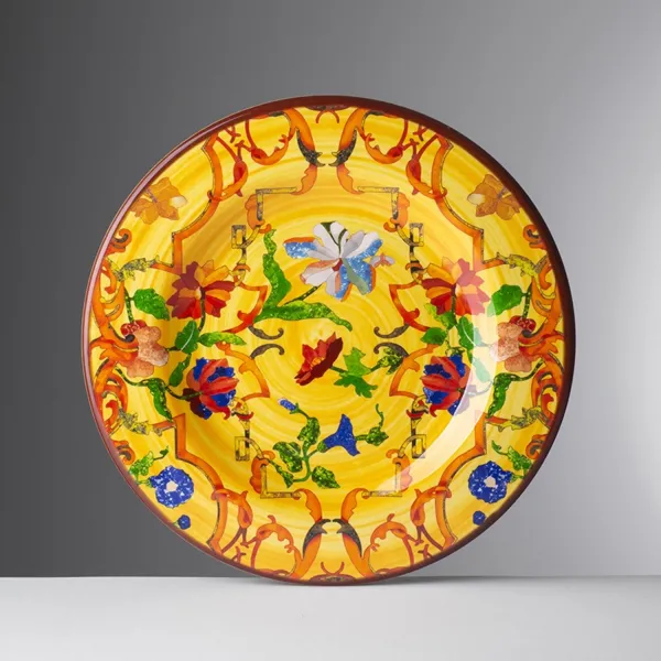 Set of 6 ‘Fantasia’ 23cm melamine fruit plates in yellow by Pancale, available at Mario Luca Giusti