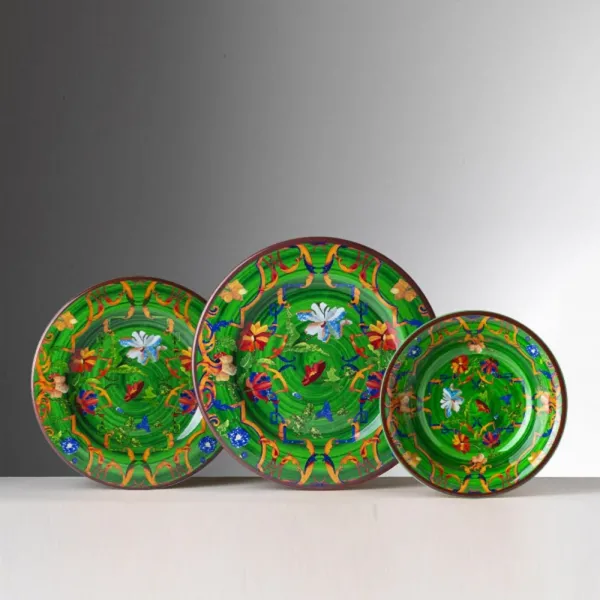 Set of 6 27cm patterned melamine dinner plates in green ‘Pancale’ by Mario Luca Giusti