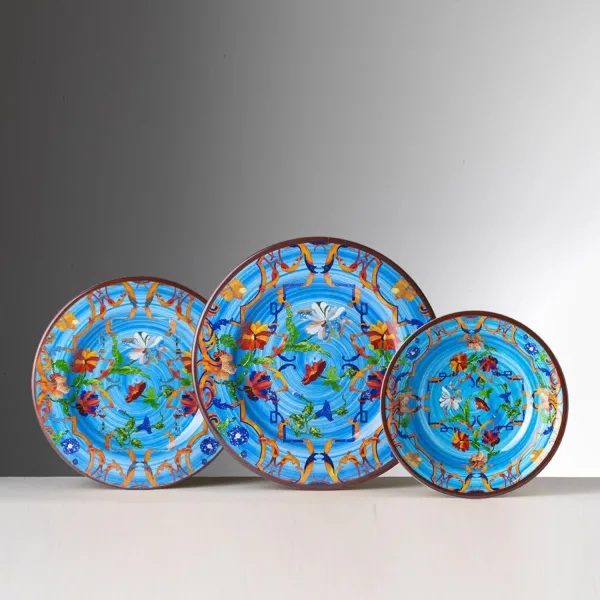 Set of 6 27cm patterned melamine dinner plates in ‘Pancale’ turquoise by Mario Luca Giusti