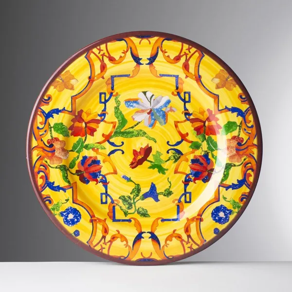 Set of 6 patterned 27cm melamine dinner plates in ‘Pancale’ yellow by Mario Luca Giusti
