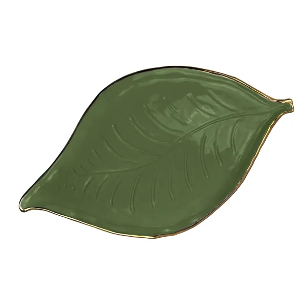 Large green ceramic tray with gold trim, 48x27cm, Foglie Oro by Arcucci