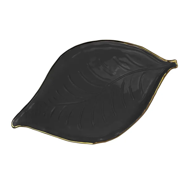 Large black ceramic tray with gold trim, 48x27cm, Foglie Oro by Arcucci