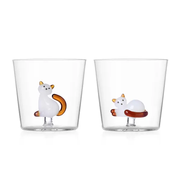 Tabby Cat Tumbler Set of 2 White and Amber Cat Glasses by Ichendorf