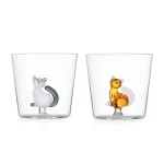 Tabby Cat Tumbler Set of 2: White and Amber Seated Cat Glasses by Ichendorf
