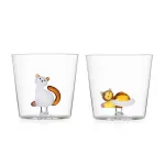 Ichendorf Tabby Cat Tumbler Set: 2 Glasses—White with a Sitting Cat and Amber with a Lying Cat
