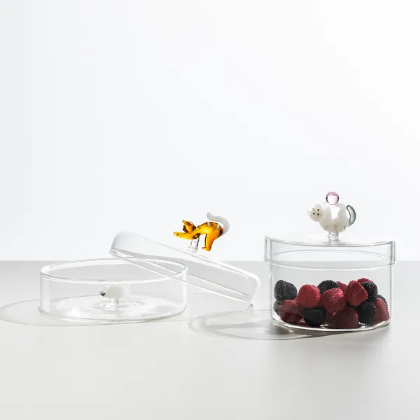 Tabby Cat Tumbler Set: 2 White Cat Tumblers with Amber Tails by Ichendorf