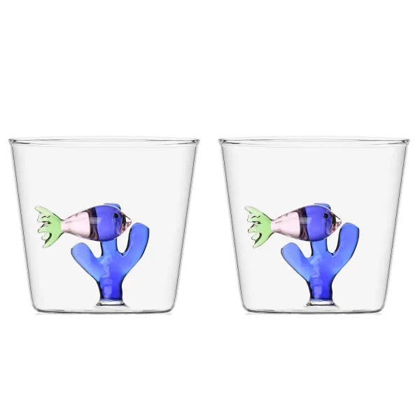 Pink Fish Blue Seaweed Marine Garden Set of 2 Glasses by Ichendorf