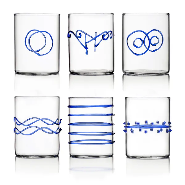 Decò Blue Set of 6 Glass Tumblers with Assorted Decorations by Ichendorf