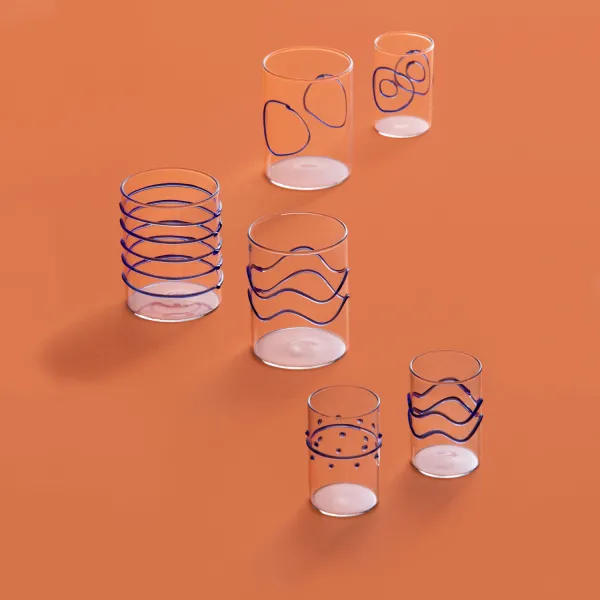 Decò Blue Set of 6 Glass Tumblers with Assorted Decorations by Ichendorf