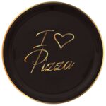 Pizza Plate with "I Love Pizza" Gold Lettering, Black Ceramic and Real Gold, Arcucci