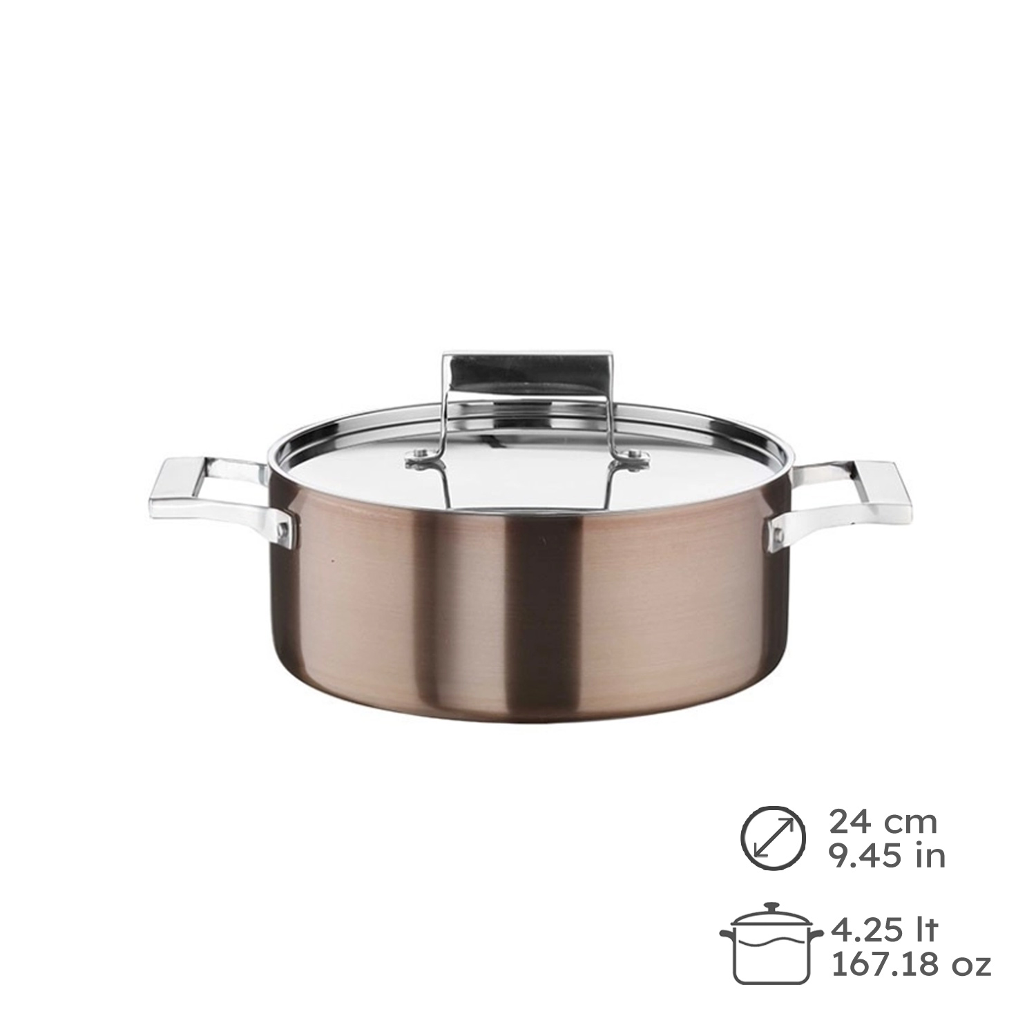 Century Casseruola Mezza Fonda In Trimetallo Con Coperchio 24cm 4.25lt 1